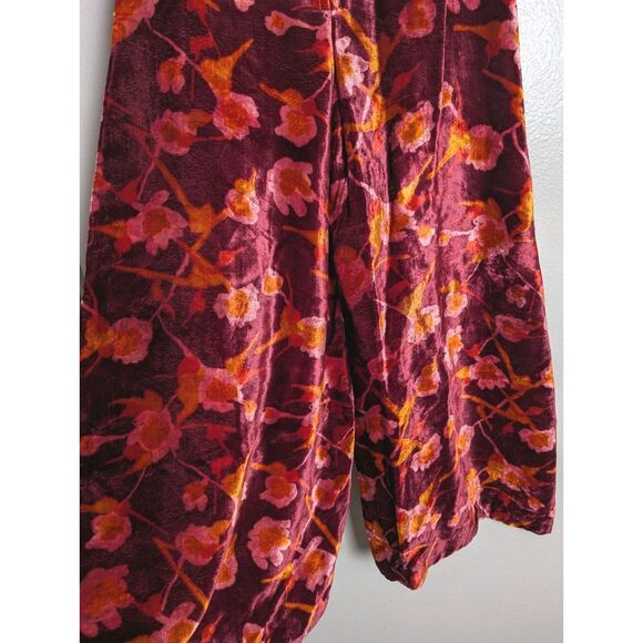 Vintage 70's Pants S Wine Floral Velvet Bell Bottoms High Rise Wide Leg Flare - Picture 5 of 11